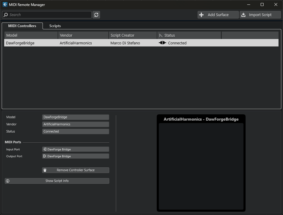 MIDI Remote Manager: DawForge Bridge bound to the DawForge Bridge port on both input and output.