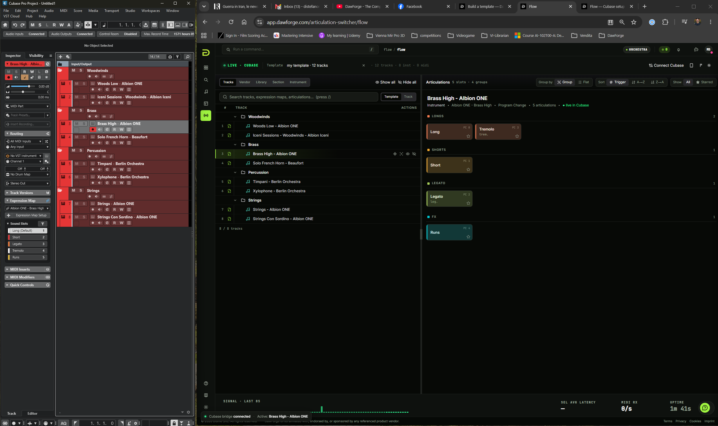 Flow page (browser) and Cubase project (DAW) showing the same selection.