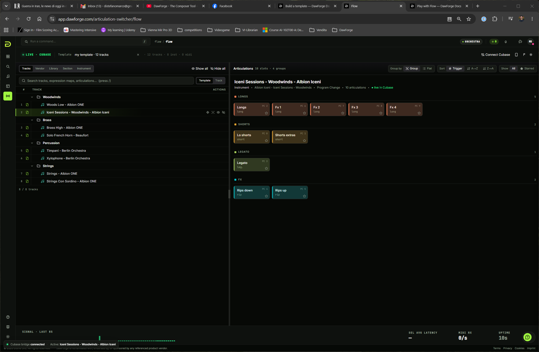 Flow: track list left, articulation grid right, status bar top showing the live track.
