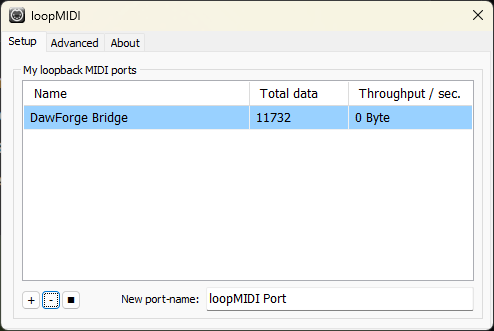Virtual MIDI port named 'DawForge Bridge' visible in loopMIDI / IAC Driver.
